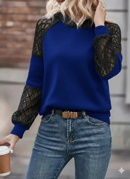 MDB Kadın Uzun Kollu Dantelli Kapşonlu Viskon Iki Iplik Bluz - Resim 2