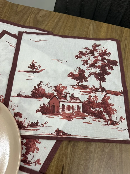 Toile De Jouy Monet Amerikan Servis 6’lı Set | 35x45 cm | %100 Pamuk Dijital Baskılı | Country Tarzı Fransız Masa Dekoru - ZT730  Kırmızı - 4