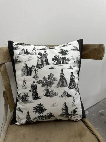 Toile De Jouy Paris Kırlent Kılıfı 43x43 cm | %100 Pamuk Dijital Baskılı | Klasik Fransız Tarzı Dekoratif Yastık Kılıfı - ZT740  siyah