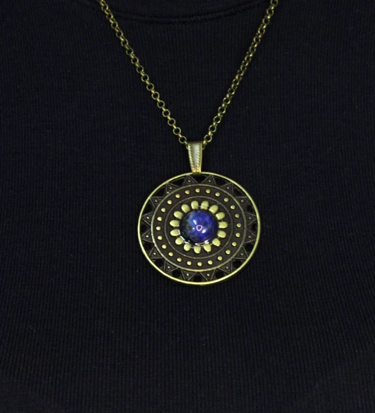 Doğal Taş Lapis Doğal Taşlı Yuvarlak Model Antik Kadın Kolye euk46lps - Resim 2