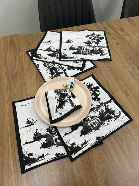 Toile De Jouy Monet Amerikan Servis 6’lı Set | 35x45 cm | %100 Pamuk Dijital Baskılı | Country Tarzı Fransız Masa Dekoru - ZT730 siyah - 3