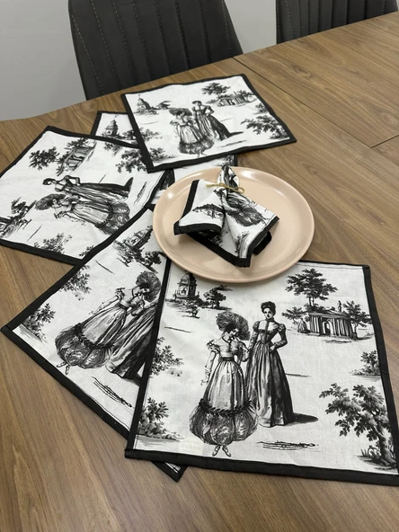 Toile De Jouy Paris Amerikan Servis 6’lı Set | 35x45 cm | %100 Pamuk Dijital Baskılı | Klasik Fransız Tarzı Masa Dekoru - ZT720  siyah - 5