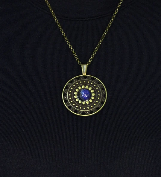 Doğal Taş Lapis Doğal Taşlı Yuvarlak Model Antik Kadın Kolye euk46lps - Resim 3