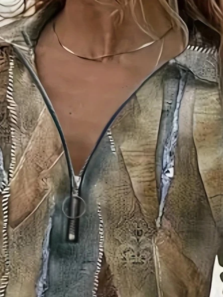 MDB Kadın Uzun Kollu önden Fermuarlı Iki Iplik Bluz - Resim 2