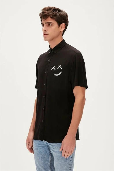 Bad Bear Smile Shirt 23.01.30.004S Siyah Kısa Kollu Baskılı Erkek Gömlek - 2