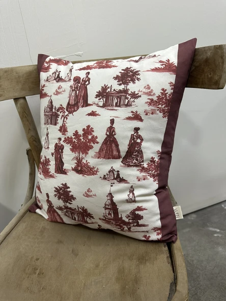 Toile De Jouy Paris Kırlent Kılıfı 43x43 cm | %100 Pamuk Dijital Baskılı | Klasik Fransız Tarzı Dekoratif Yastık Kılıfı - ZT740  Kırmızı - 4