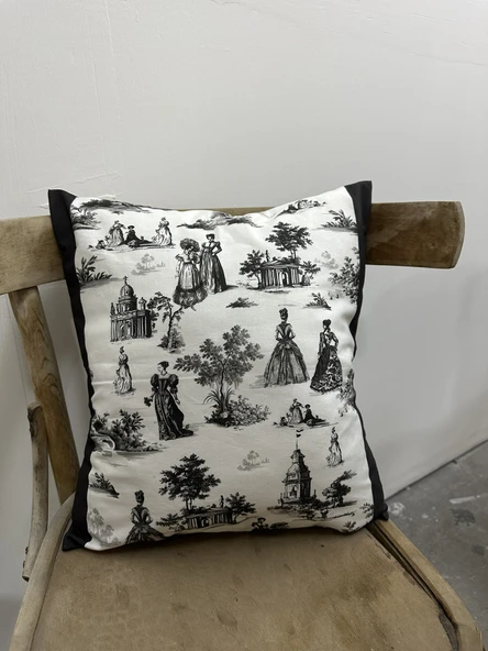 Toile De Jouy Paris Kırlent Kılıfı 43x43 cm | %100 Pamuk Dijital Baskılı | Klasik Fransız Tarzı Dekoratif Yastık Kılıfı - ZT740 siyah - 2