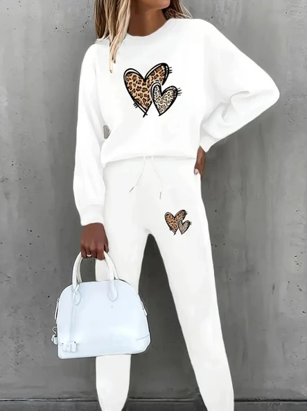 Lucky Life Kadın Uzun Kollu Bisiklet Yaka Kalp Desenli şardonlu üç Iplik Bluz Ve Pantolon Ikili Takım - Resim 2