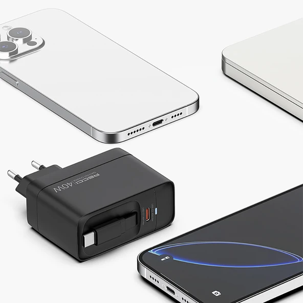 Recci RC102E GaN Teknolojili Hızlı Şarj Başlığı USB-A to Type-C PD 40W Type-C Kablolu Şarj Seti - Resim 5