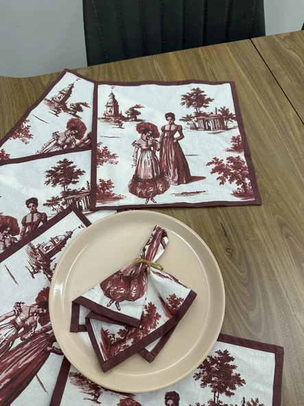 Toile De Jouy Paris Amerikan Servis 6’lı Set | 35x45 cm | %100 Pamuk Dijital Baskılı | Klasik Fransız Tarzı Masa Dekoru - ZT720  Kırmızı - 3