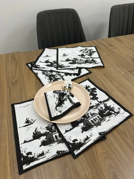 Toile De Jouy Monet Amerikan Servis 6’lı Set | 35x45 cm | %100 Pamuk Dijital Baskılı | Country Tarzı Fransız Masa Dekoru - ZT730 siyah - 2