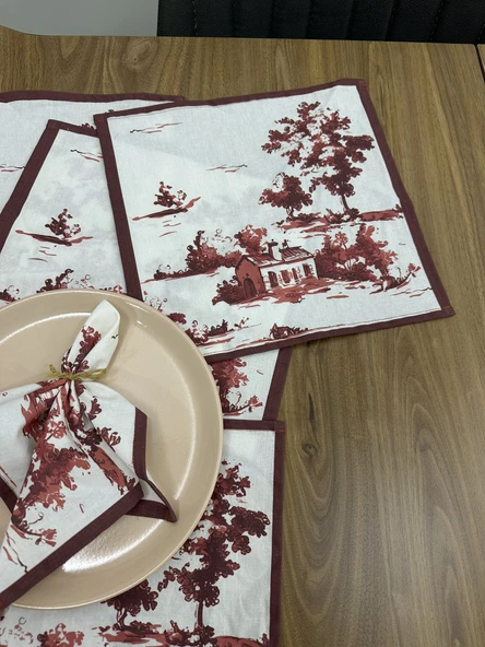 Toile De Jouy Monet Amerikan Servis 6’lı Set | 35x45 cm | %100 Pamuk Dijital Baskılı | Country Tarzı Fransız Masa Dekoru - ZT730  Kırmızı - 3