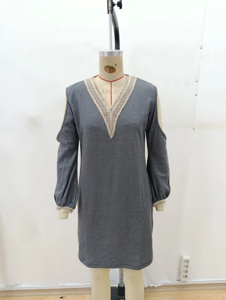 Lucky Life Kadın Uzun Kollu Omuzdan Açık V Dantel Yakalı Mini Waffle Elbise - Resim 6