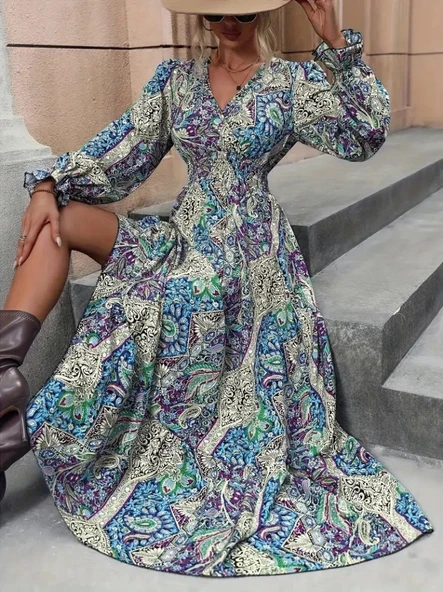 Lucky Life Kadın Uzun Kollu Kruvaze Yakalı Desenli Süprem Maxi Elbise ürün görseli 1