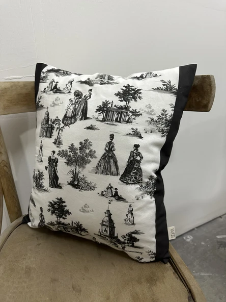 Toile De Jouy Paris Kırlent Kılıfı 43x43 cm | %100 Pamuk Dijital Baskılı | Klasik Fransız Tarzı Dekoratif Yastık Kılıfı - ZT740 siyah - 3