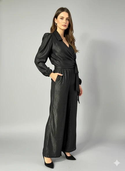 Kadın Kruvaze Bluz ve Geniş Paça Pantolon İkili Takım Bürümcük Kumaş Şık Set - 3