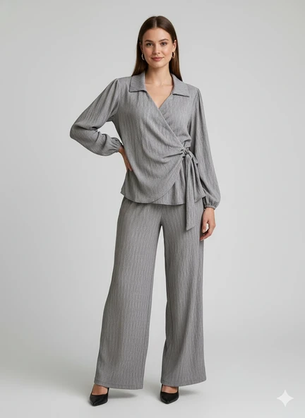 Kadın Kruvaze Bluz ve Geniş Paça Pantolon İkili Takım Bürümcük Kumaş Şık Set - 9