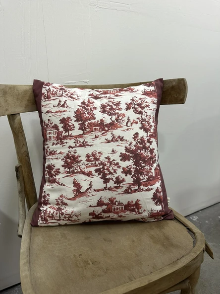 Toile De Jouy Monet Kırlent Kılıfı 43x43 cm | %100 Pamuk Dijital Baskılı | Country Tarzı Fransız Dekoratif Yastık Kılıfı - ZT750 Kırmızı