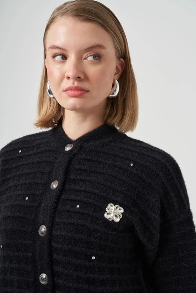 Nuss 7010 Serpme Taş İşlemeli Hırka - Siyah - 4