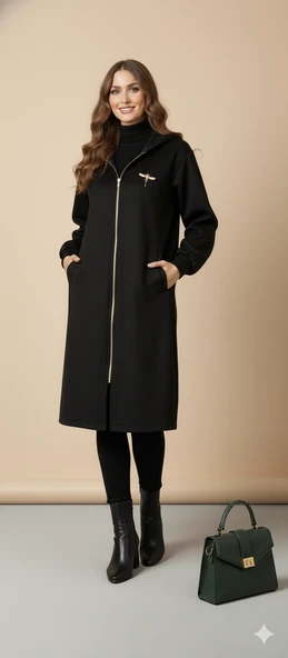 Kadın Gri Kapüşonlu Balon Kol Fermuarlı Kaban Oversize Midi Boy Kışlık Kaşe Mont - 4