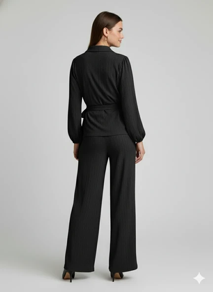 Kadın Kruvaze Bluz ve Geniş Paça Pantolon İkili Takım Bürümcük Kumaş Şık Set - 4