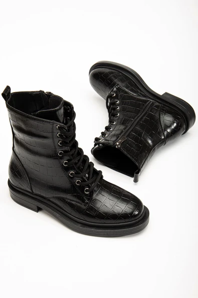2024-2289 Siyah Kroko Bağcıklı Fermuarlı Günlük Kadın Bot - 3