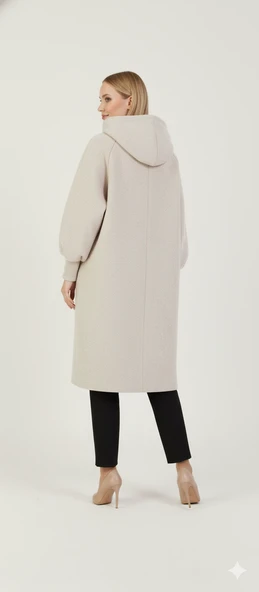 Kadın Gri Kapüşonlu Balon Kol Fermuarlı Kaban Oversize Midi Boy Kışlık Kaşe Mont - 10