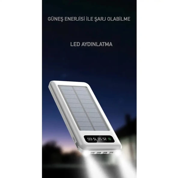 Powerbank10000 Mah Güneş enerjili Göstergeli Powerbank Solar Fenerli Güneş Enerjili Type C - Lightning - Micro USB - USB Kablolu Powerbank Taşınabilir Şarj Aleti Hızlı Şarj Aleti - Resim 2