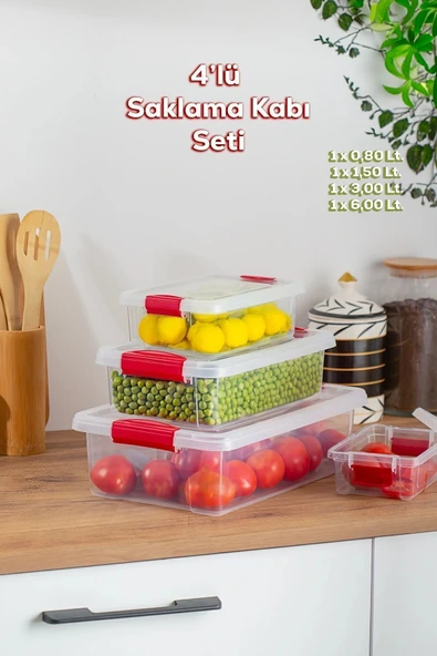 Dikdörtgen 4'lü Sızdırmaz Kapaklı Gıda Erzak Saklama Kabı Seti | Kilitli | BPA Free ürün görseli