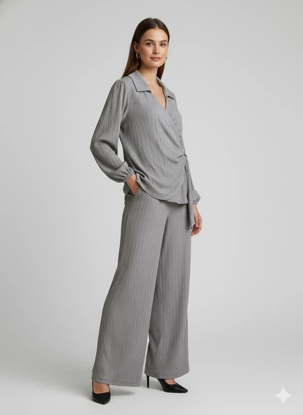 Kadın Kruvaze Bluz ve Geniş Paça Pantolon İkili Takım Bürümcük Kumaş Şık Set - 10