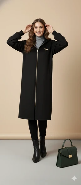 Kadın Gri Kapüşonlu Balon Kol Fermuarlı Kaban Oversize Midi Boy Kışlık Kaşe Mont - 2