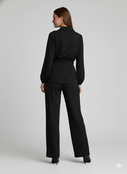 Kadın Kruvaze Bluz ve Geniş Paça Pantolon İkili Takım Bürümcük Kumaş Şık Set - 2