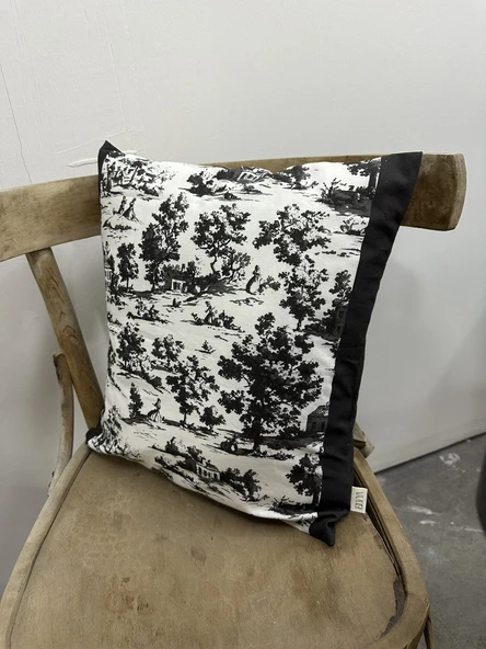 Toile De Jouy Monet Kırlent Kılıfı 43x43 cm | %100 Pamuk Dijital Baskılı | Country Tarzı Fransız Dekoratif Yastık Kılıfı - ZT750  siyah - 2