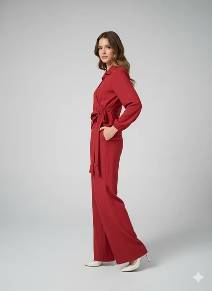 Kadın Kruvaze Bluz ve Geniş Paça Pantolon İkili Takım Bürümcük Kumaş Şık Set - 7