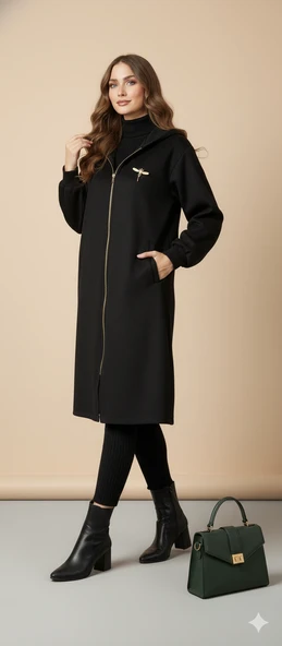 Kadın Gri Kapüşonlu Balon Kol Fermuarlı Kaban Oversize Midi Boy Kışlık Kaşe Mont