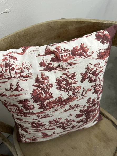 Toile De Jouy Monet Kırlent Kılıfı 43x43 cm | %100 Pamuk Dijital Baskılı | Country Tarzı Fransız Dekoratif Yastık Kılıfı - ZT750  Kırmızı - 4