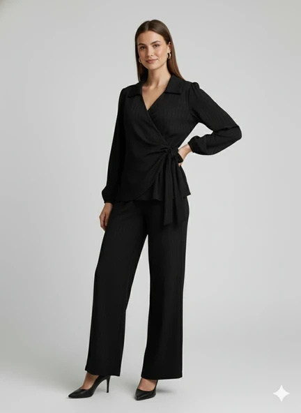 Kadın Kruvaze Bluz ve Geniş Paça Pantolon İkili Takım Bürümcük Kumaş Şık Set