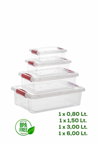 Dikdörtgen 4'lü Sızdırmaz Kapaklı Gıda Erzak Saklama Kabı Seti | Kilitli | BPA Free - Resim 2