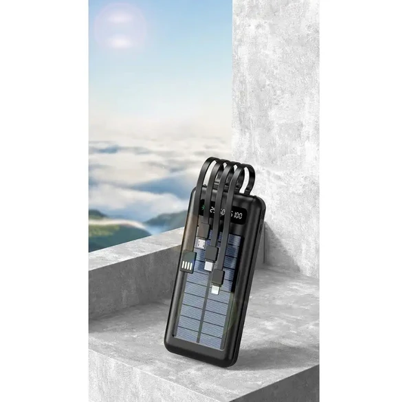 Powerbank10000 Mah Güneş enerjili Göstergeli Powerbank Solar Fenerli Güneş Enerjili Type C - Lightning - Micro USB - USB Kablolu Powerbank Taşınabilir Şarj Aleti Hızlı Şarj Aleti ürün görseli