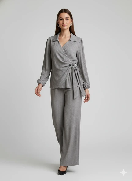 Kadın Kruvaze Bluz ve Geniş Paça Pantolon İkili Takım Bürümcük Kumaş Şık Set - 11