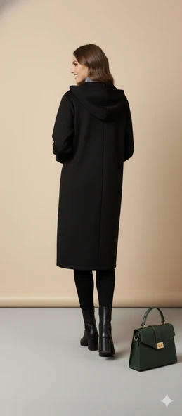 Kadın Gri Kapüşonlu Balon Kol Fermuarlı Kaban Oversize Midi Boy Kışlık Kaşe Mont - 3