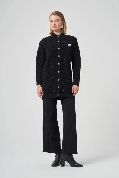 Nuss 7010 Serpme Taş İşlemeli Hırka - Siyah