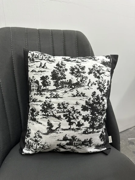 Toile De Jouy Monet Kırlent Kılıfı 43x43 cm | %100 Pamuk Dijital Baskılı | Country Tarzı Fransız Dekoratif Yastık Kılıfı - ZT750  siyah - 3