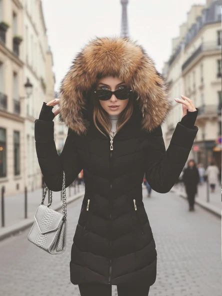 Eldiven Detaylı Siyah Kapüşonlu Orta boy Kürklü Şişme Mont ürün görseli