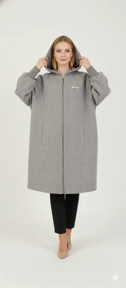 Kadın Gri Kapüşonlu Balon Kol Fermuarlı Kaban Oversize Midi Boy Kışlık Kaşe Mont - 5