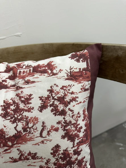 Toile De Jouy Monet Kırlent Kılıfı 43x43 cm | %100 Pamuk Dijital Baskılı | Country Tarzı Fransız Dekoratif Yastık Kılıfı - ZT750  Kırmızı - 5