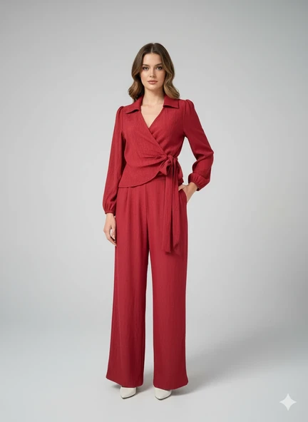 Kadın Kruvaze Bluz ve Geniş Paça Pantolon İkili Takım Bürümcük Kumaş Şık Set - 6