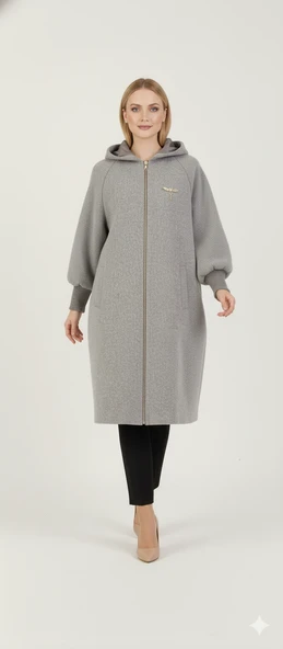 Kadın Gri Kapüşonlu Balon Kol Fermuarlı Kaban Oversize Midi Boy Kışlık Kaşe Mont - 7