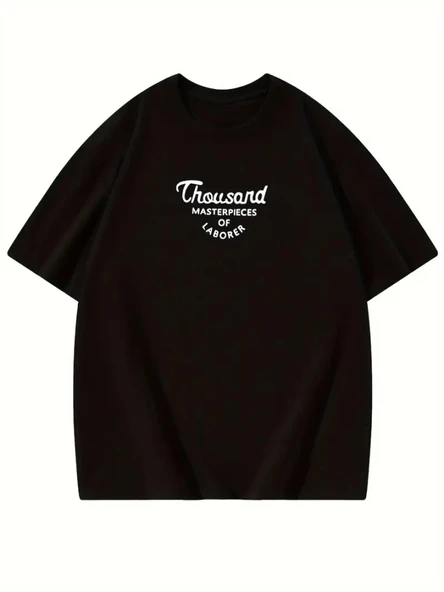 Thousand Baskılı Oversize Bisiklet Yaka T-shirt - Siyah - Resim 2