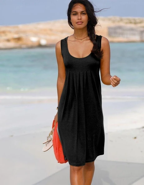 Kadın Sıfır Kol Göğüs Altı Pileli Viskon Elbise - Resim 5